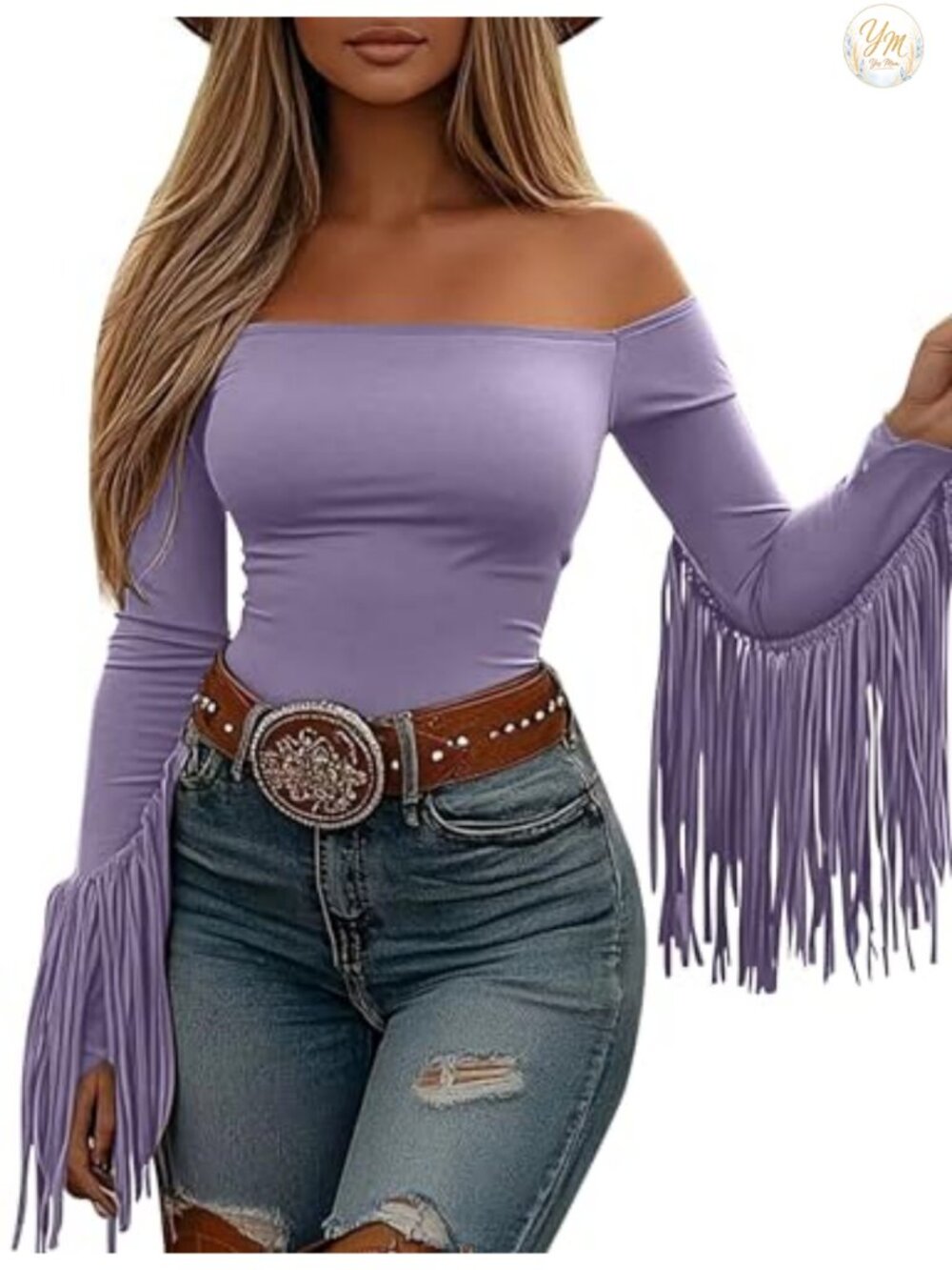Off Shoulder Fringe Crop Top Women Western Cowgirl Y2K Long Sleeve